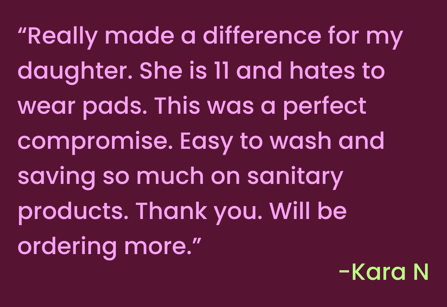 Testimonial text on a maroon background with a green signature.