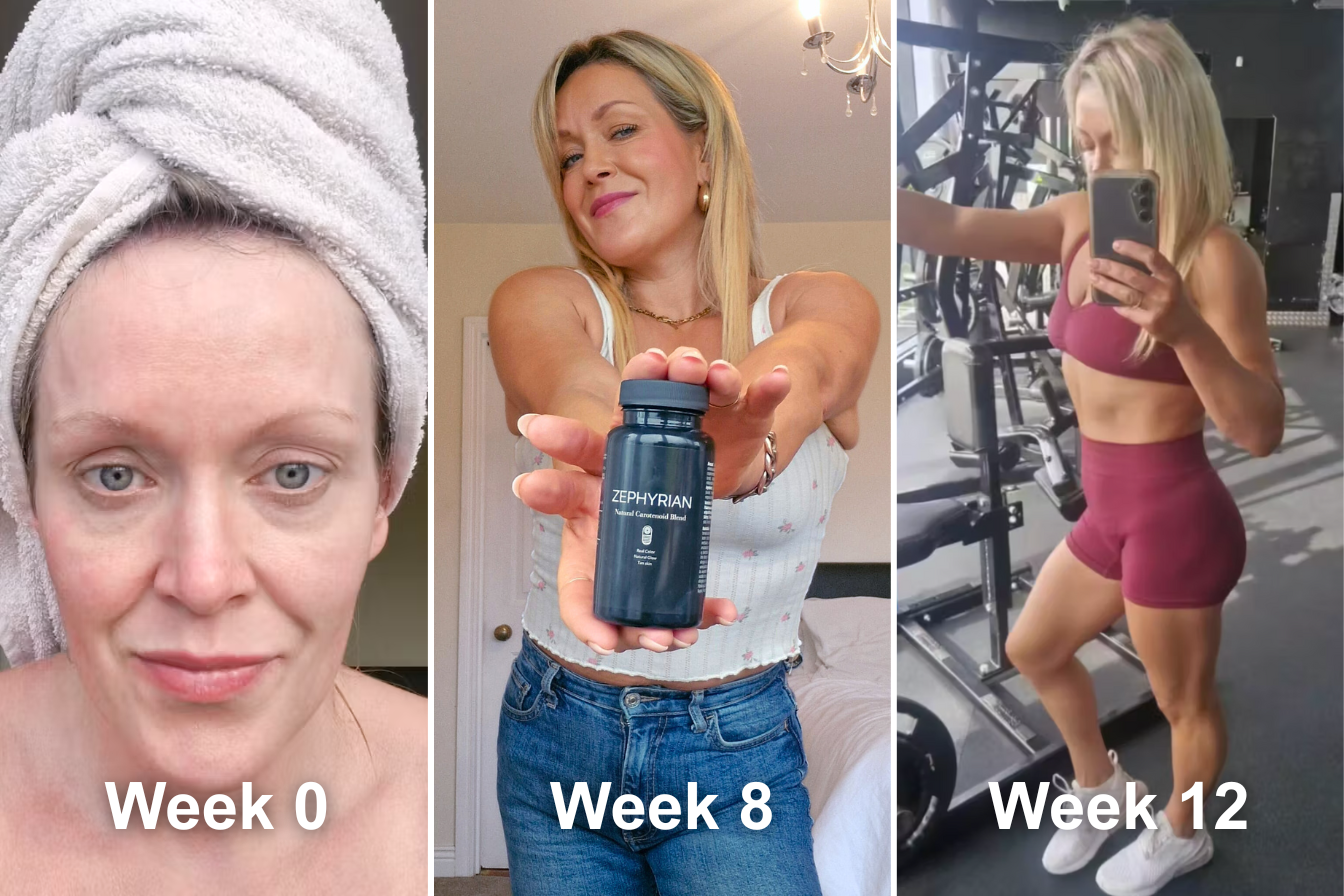 A three-panel image showing a woman's 12-week transformation, ending with a photo of her toned physique at the gym.