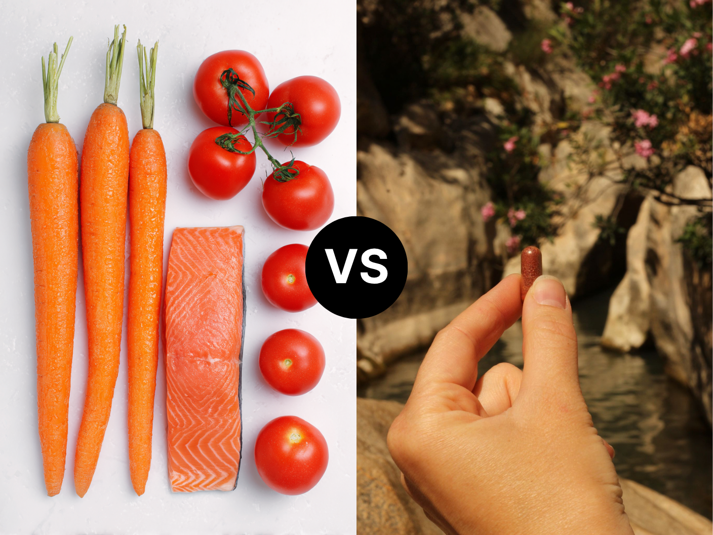 Comparison of fresh food and a supplement pill.