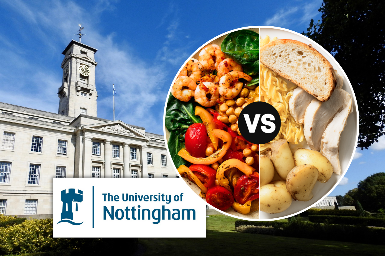 University building with a food comparison circle overlay.