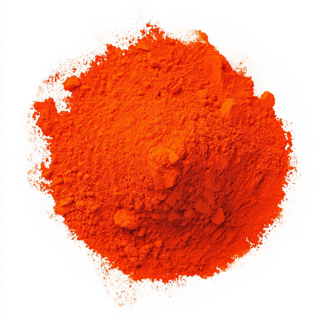 A pile of bright orange powder on a white background.