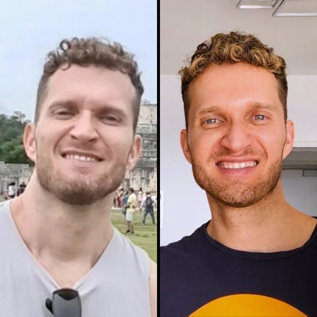 Two side-by-side photos of a smiling man with curly hair.