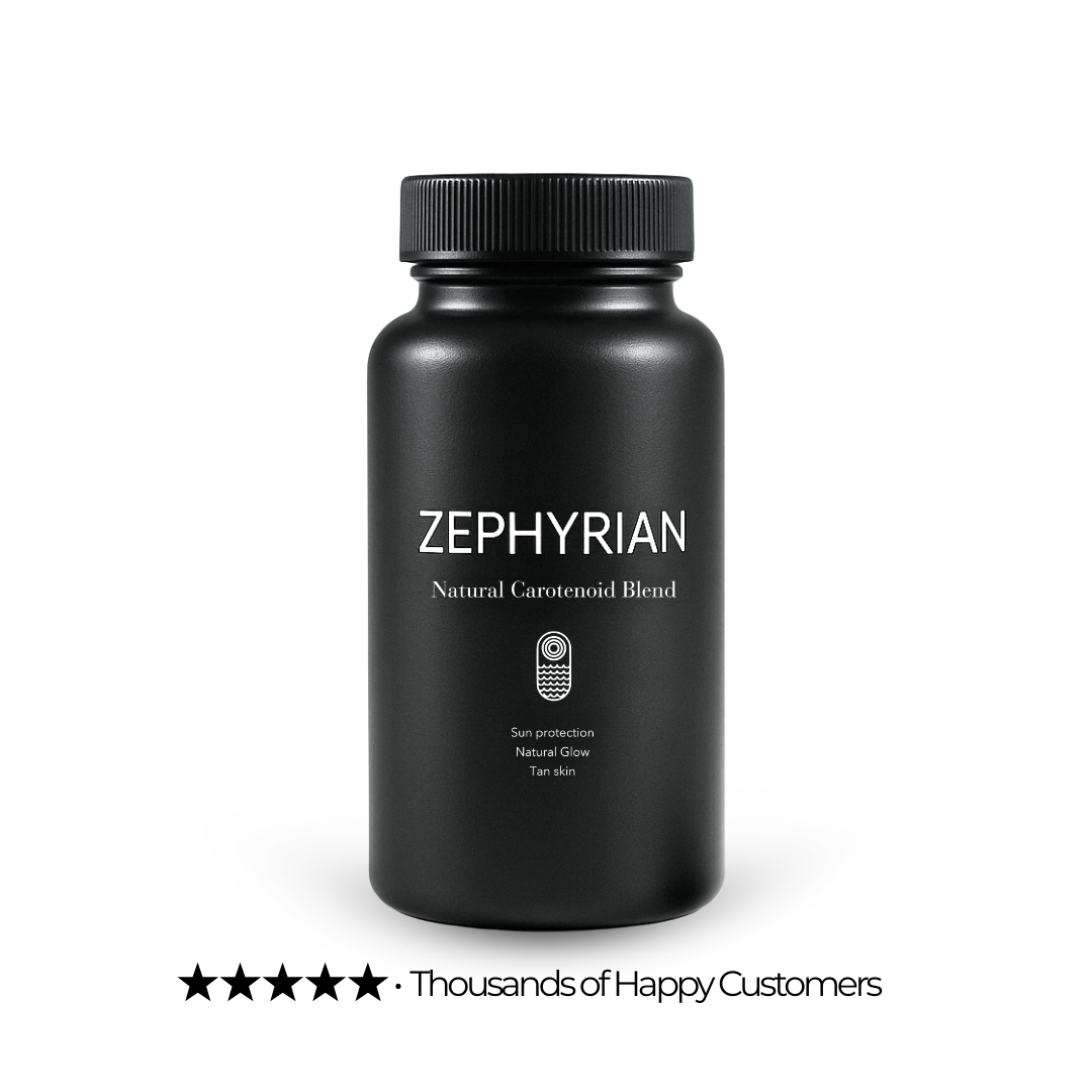 Black bottle labeled 'Zephyrian Natural Carotenoid Blend' with sun protection benefits.