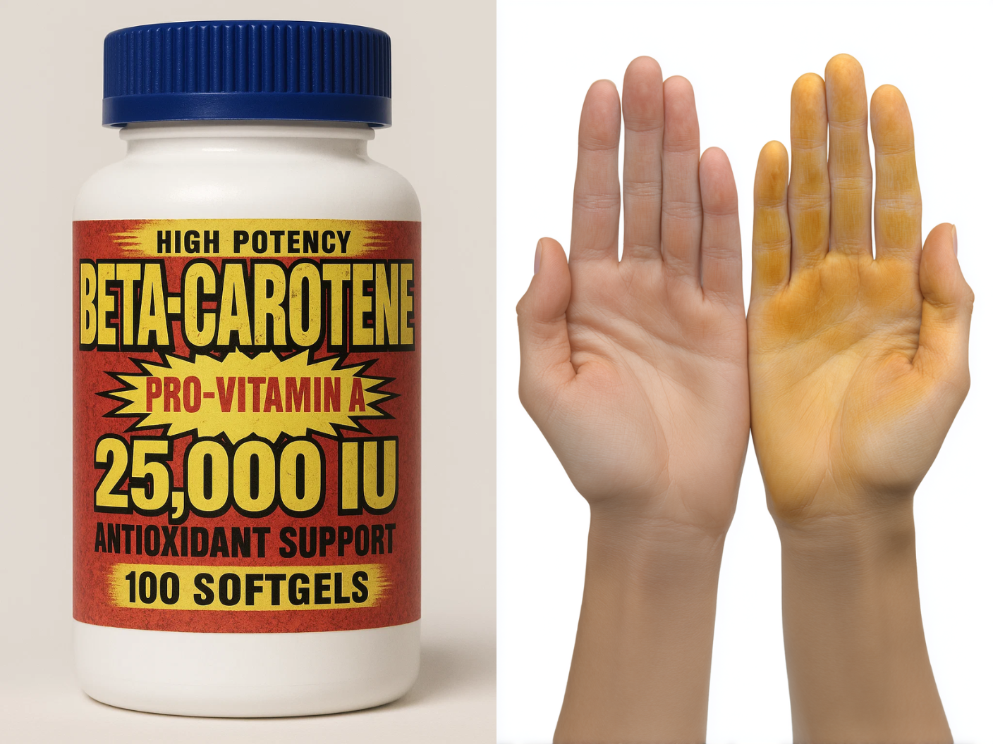 Beta-carotene supplement bottle and two hands, one with yellowish discoloration.