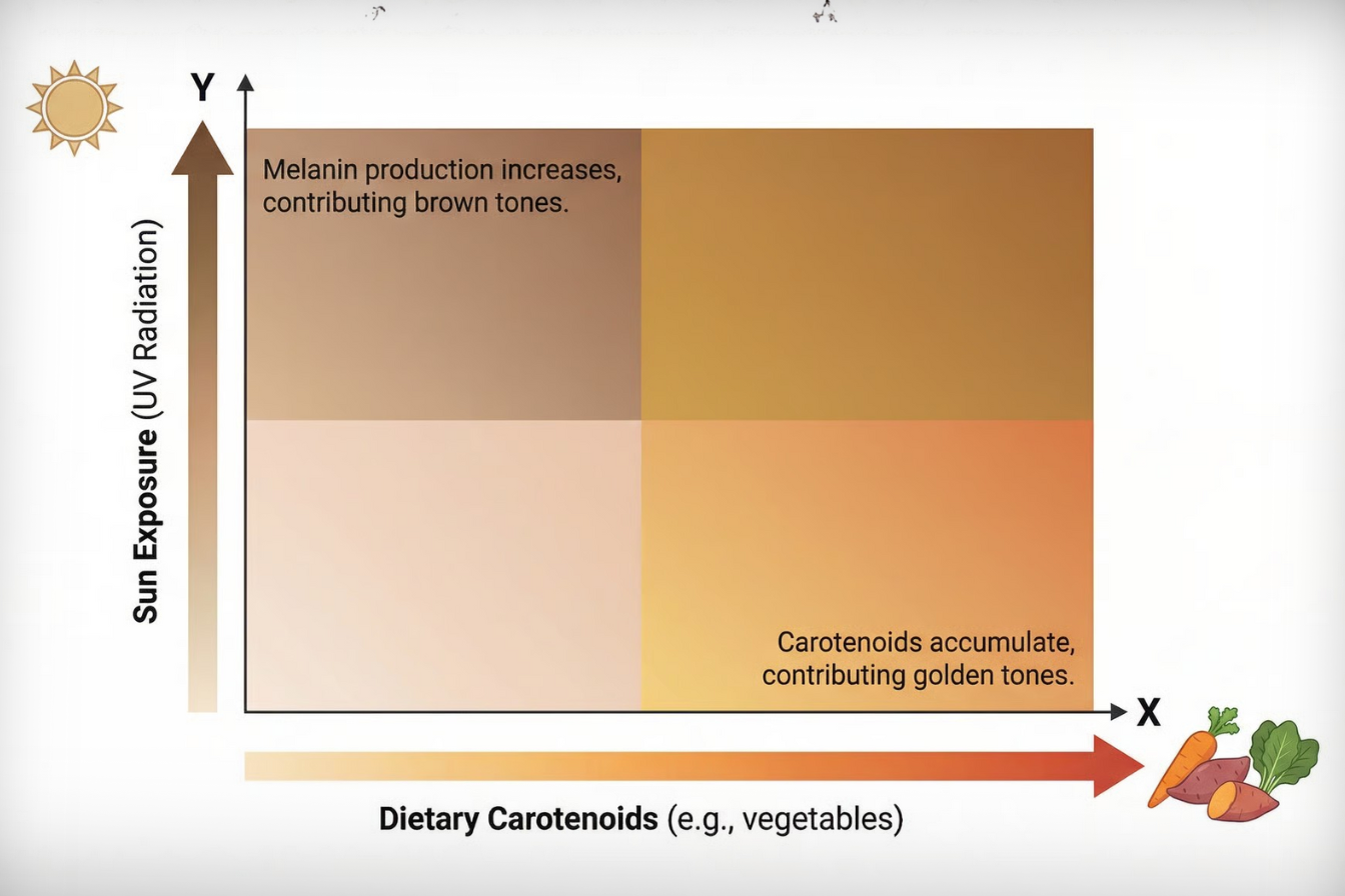 A chart showing how sun exposure and dietary carotenoids from vegetables affect skin tone.