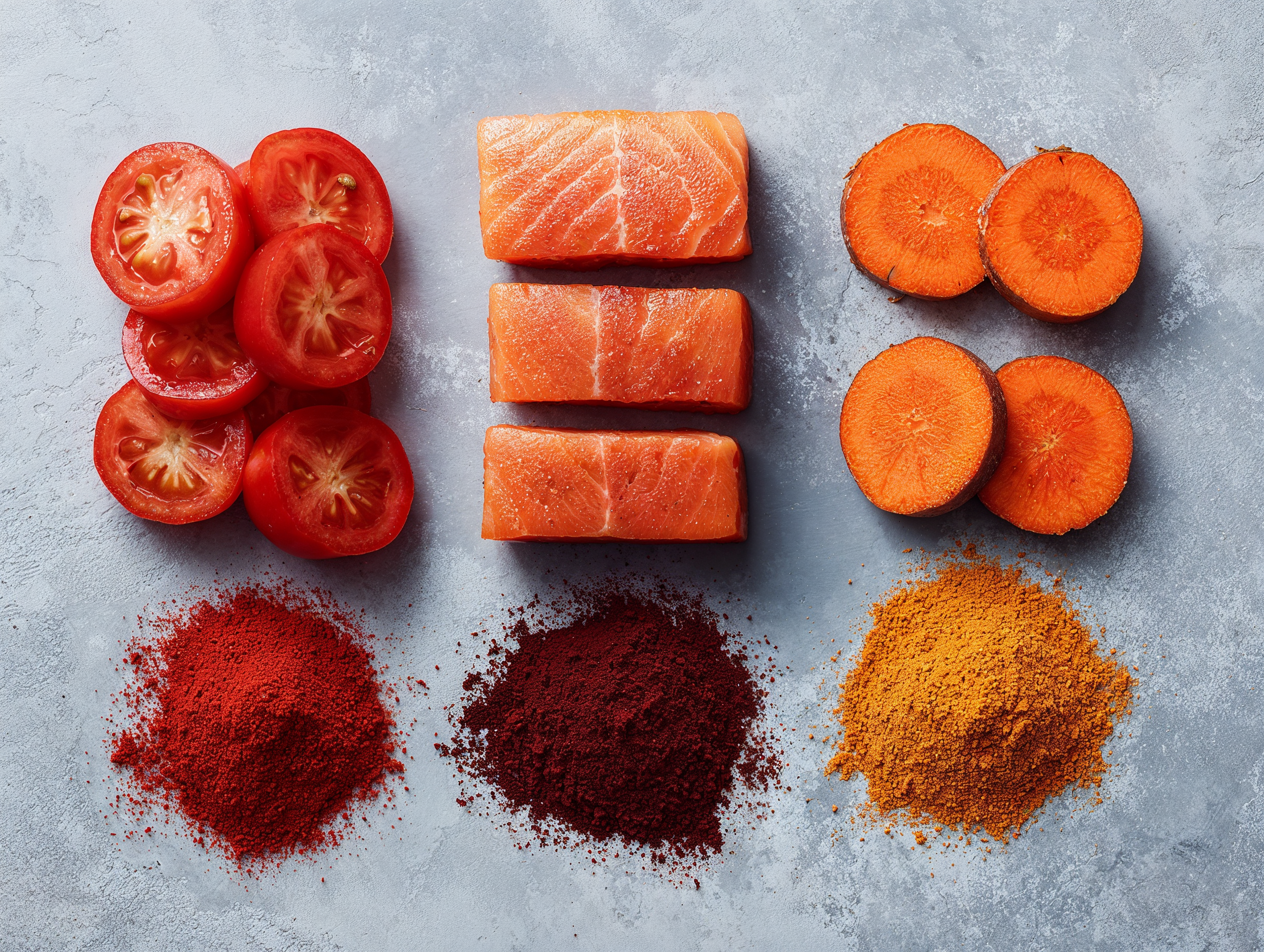 Sliced tomatoes, salmon fillets, sliced carrots, and three piles of spices on a gray surface.
