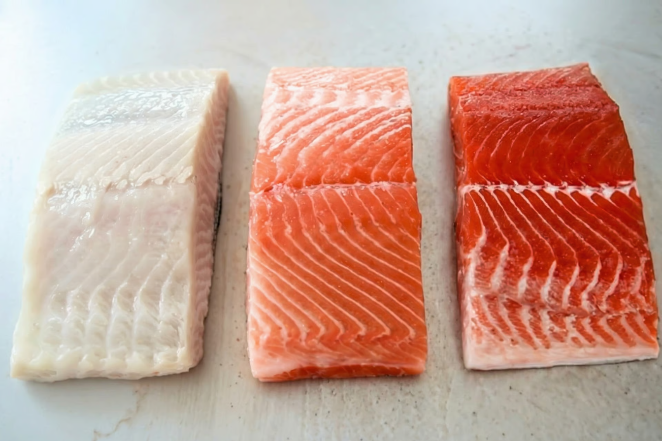 Three raw fish fillets lined up, showing different colors from white to pink to deep red.