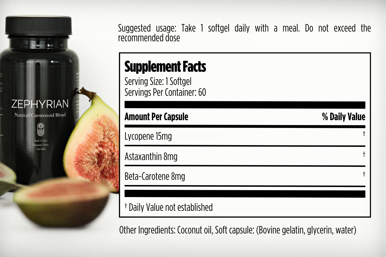 Zephyrian Natural Carotenoid Blend bottle next to sliced figs and its supplement facts label.