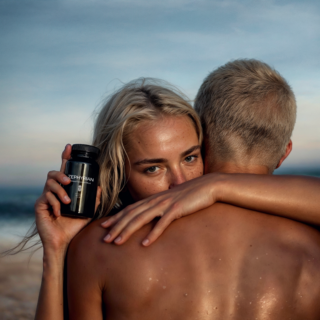 Woman holding a bottle, embracing a man on a beach.