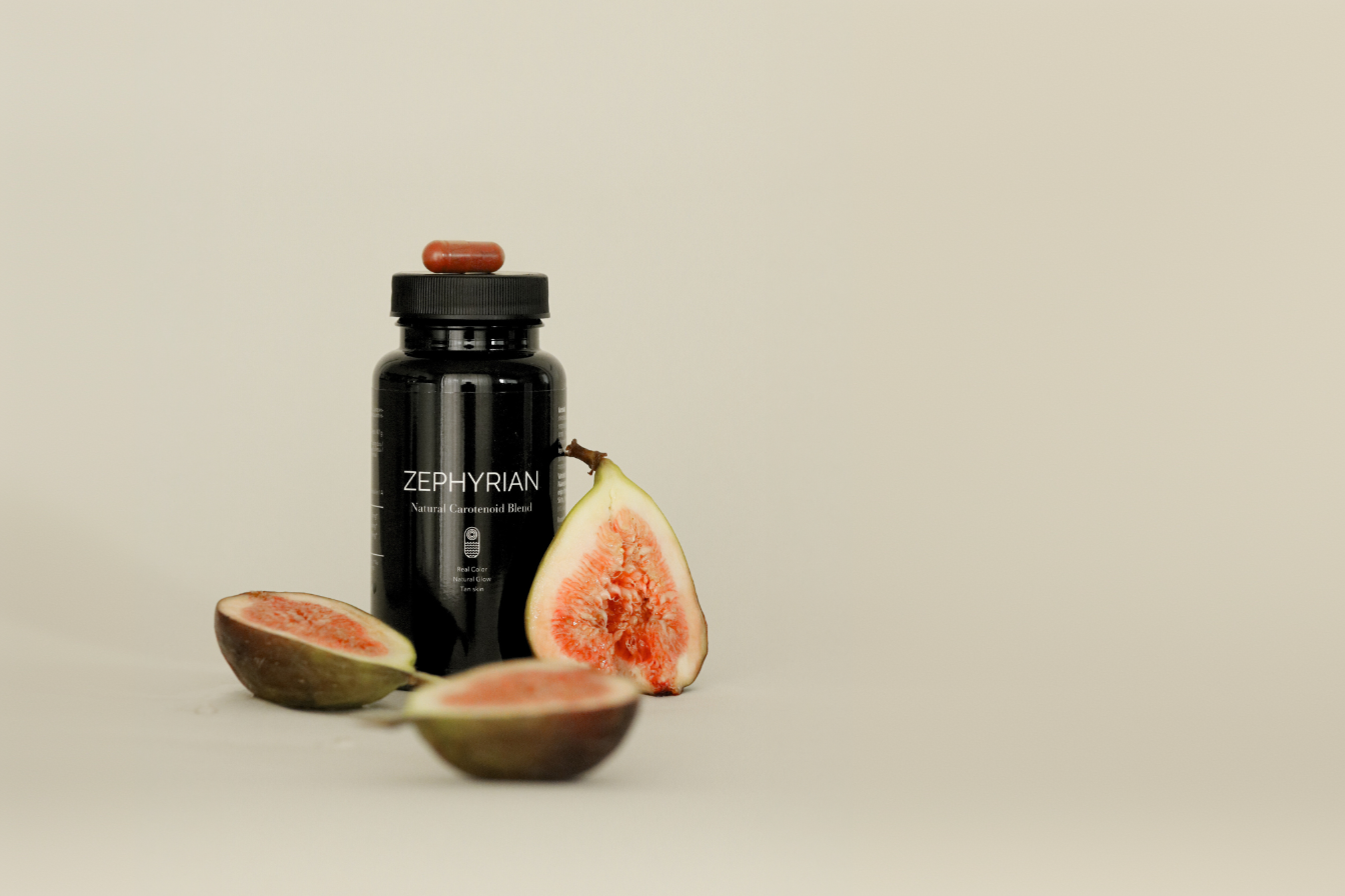 Black bottle labeled 'Zephyrian' with halved figs on light background.