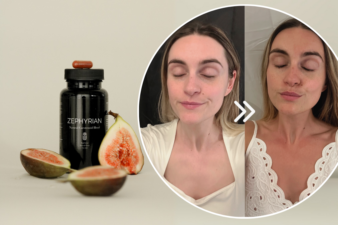 A bottle labeled 'Zephyrian' with figs and a side-by-side of a woman before and after.