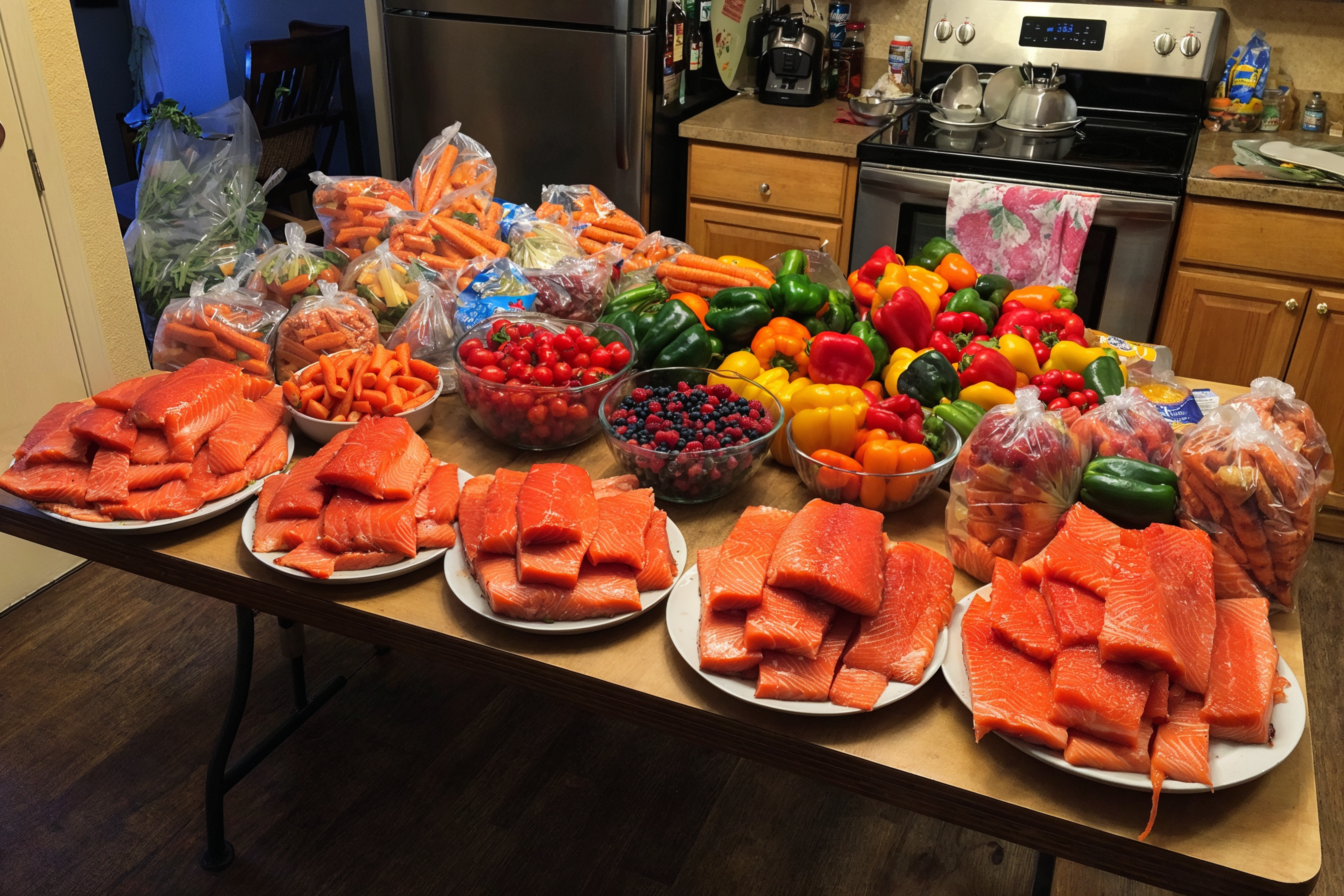 Table with raw salmon, peppers, carrots, berries, and bags of produce in a kitchen.