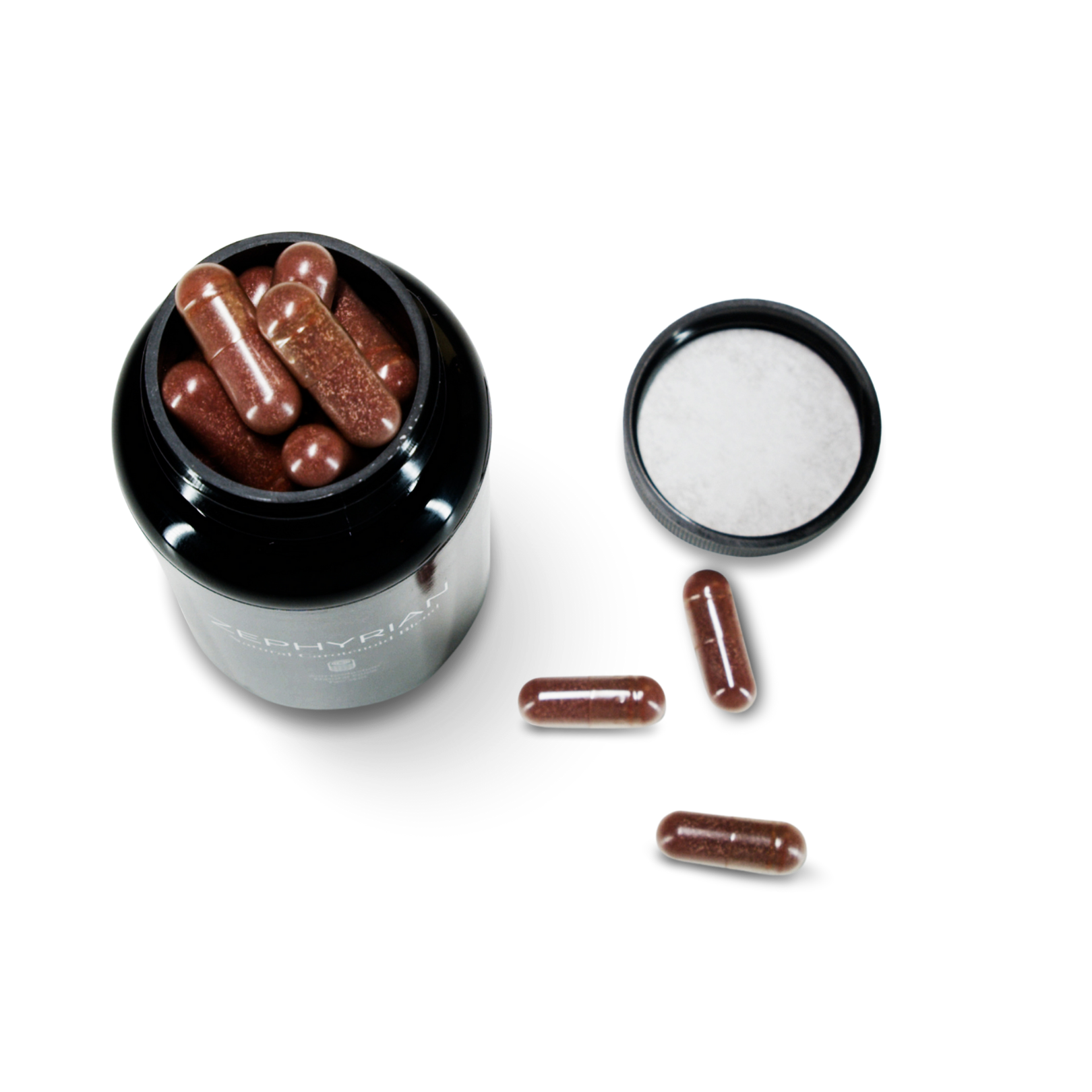 Open jar with brown capsules and lid nearby on black background.