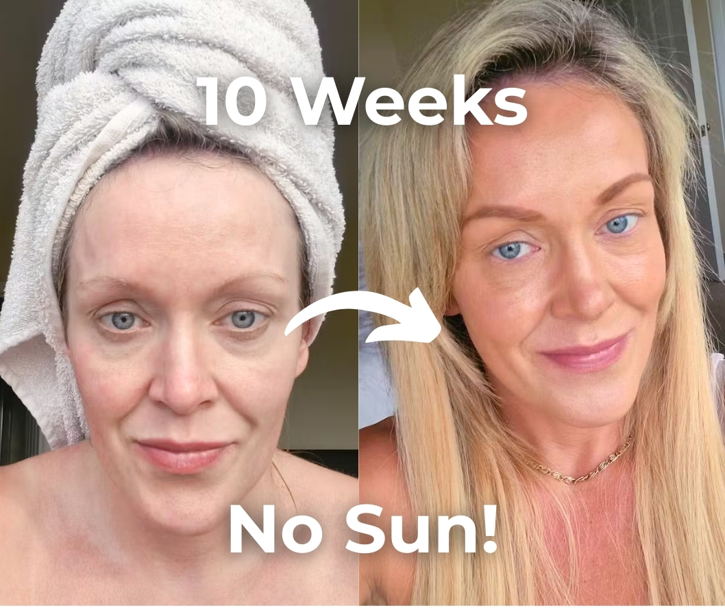 A before-and-after image of a woman, showing her with paler skin on the left and tanned skin on the right.