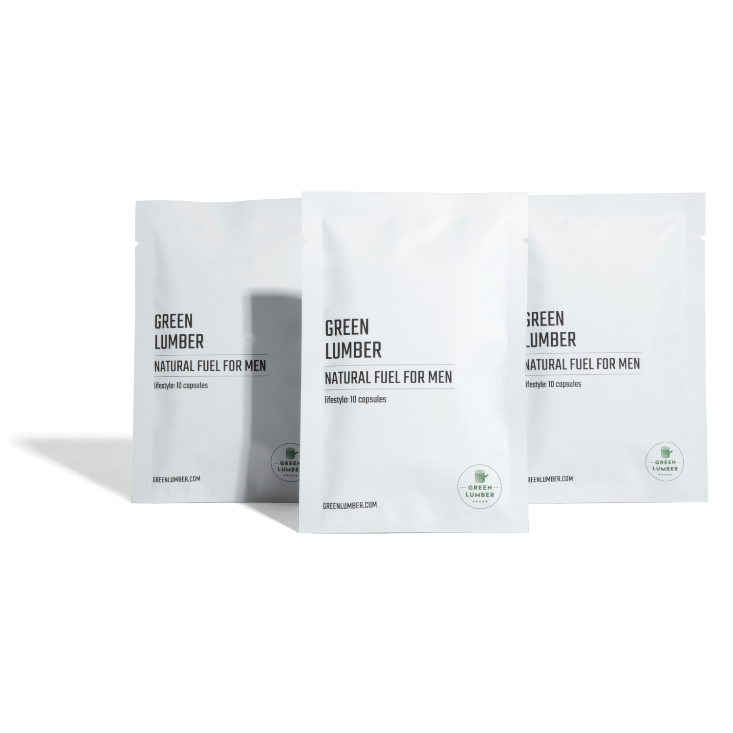 Three white packets labeled 'Green Lumber Natural Fuel for Men.'