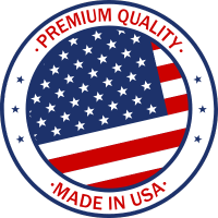 Circular badge with American flag, 'Premium Quality Made in USA' text.