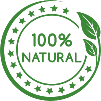 Green circular badge with '100% Natural' and leaf design.