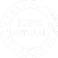 Circular badge with '100% Natural' text and leaf design.