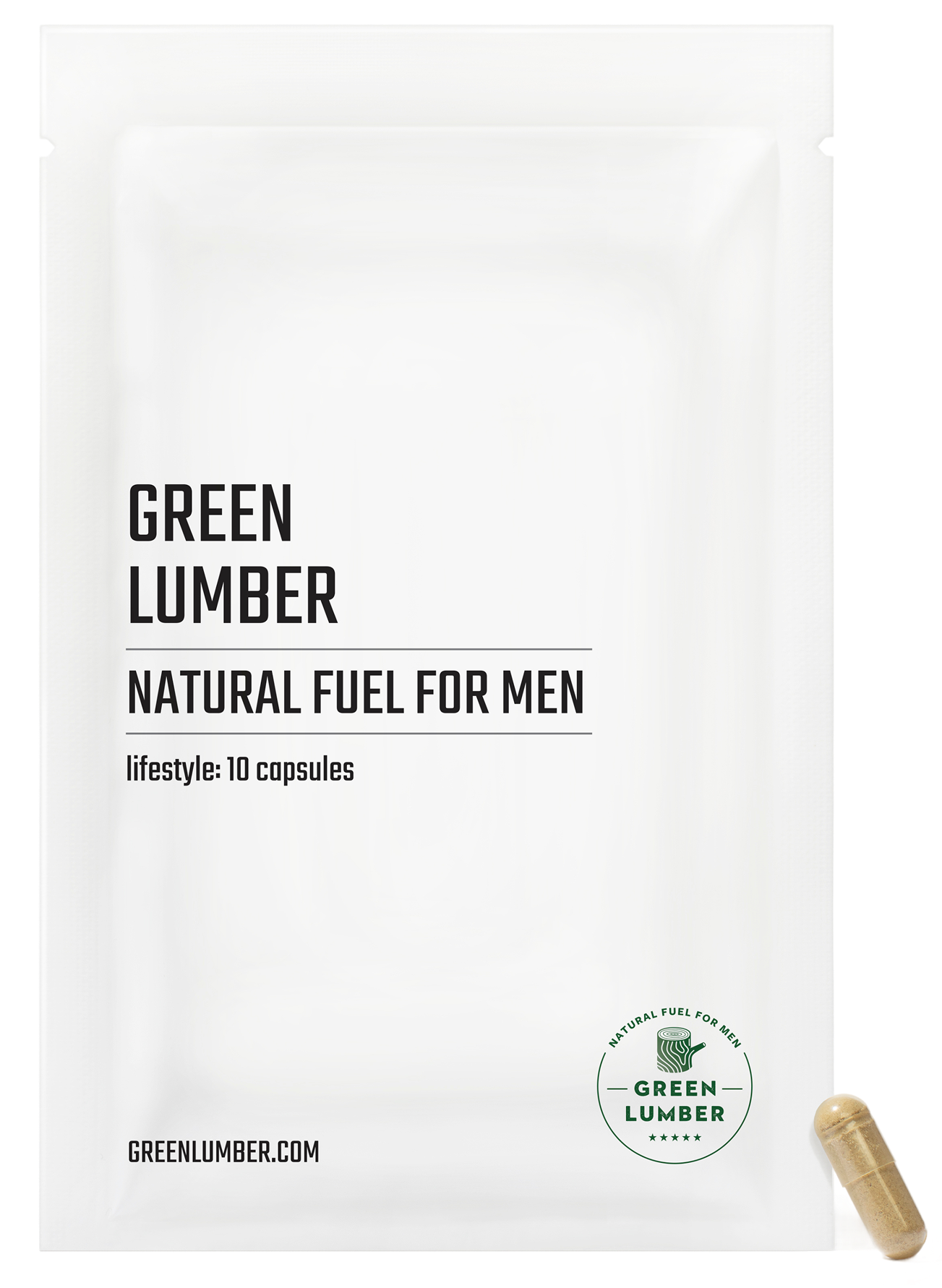 White packet labeled 'Green Lumber Natural Fuel for Men' with a capsule beside it.