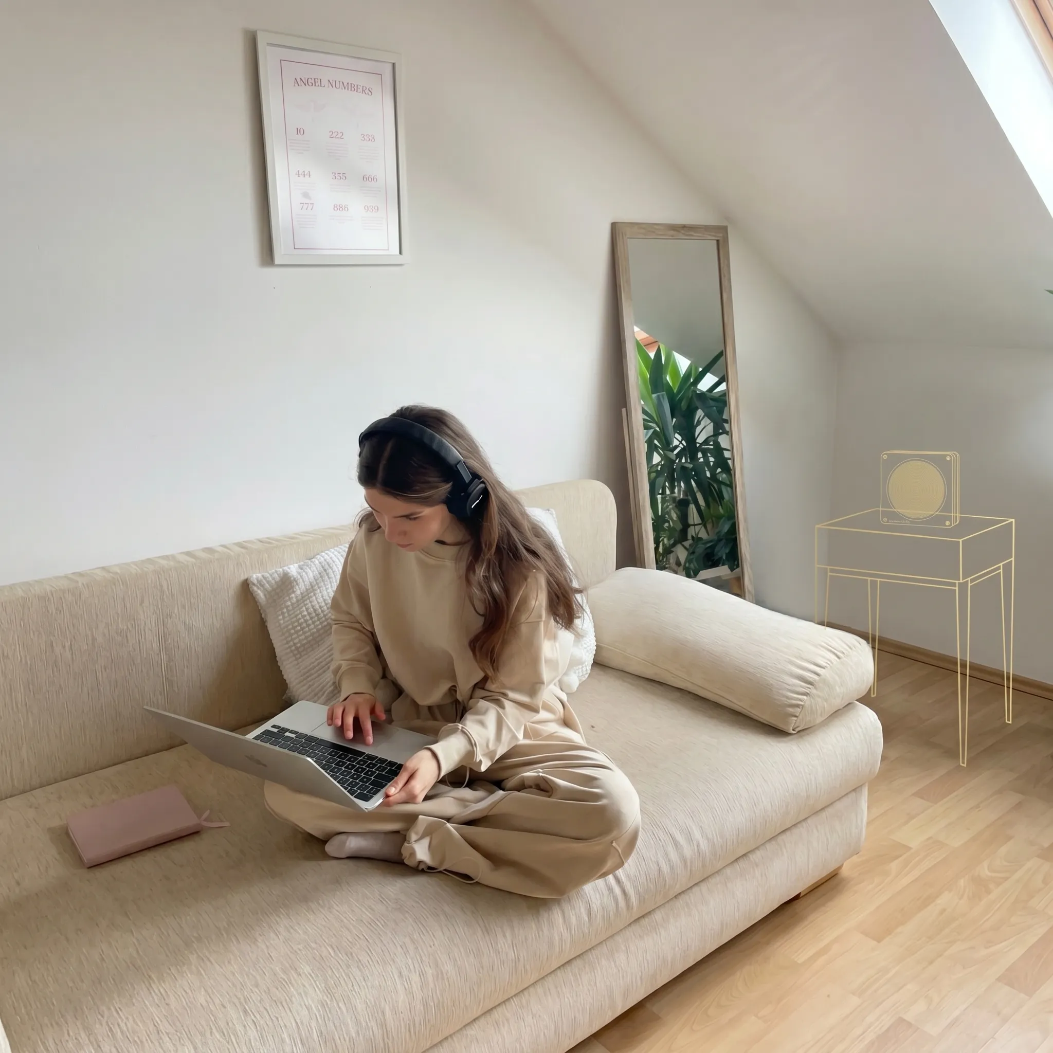 A woman with headphones sits cross-legged on a beige sofa, typing on a laptop computer.
