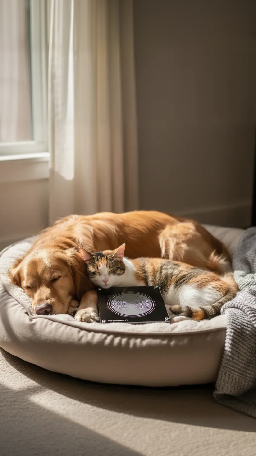 A golden retriever and a calico cat nap together in a sunbeam on a pet bed.