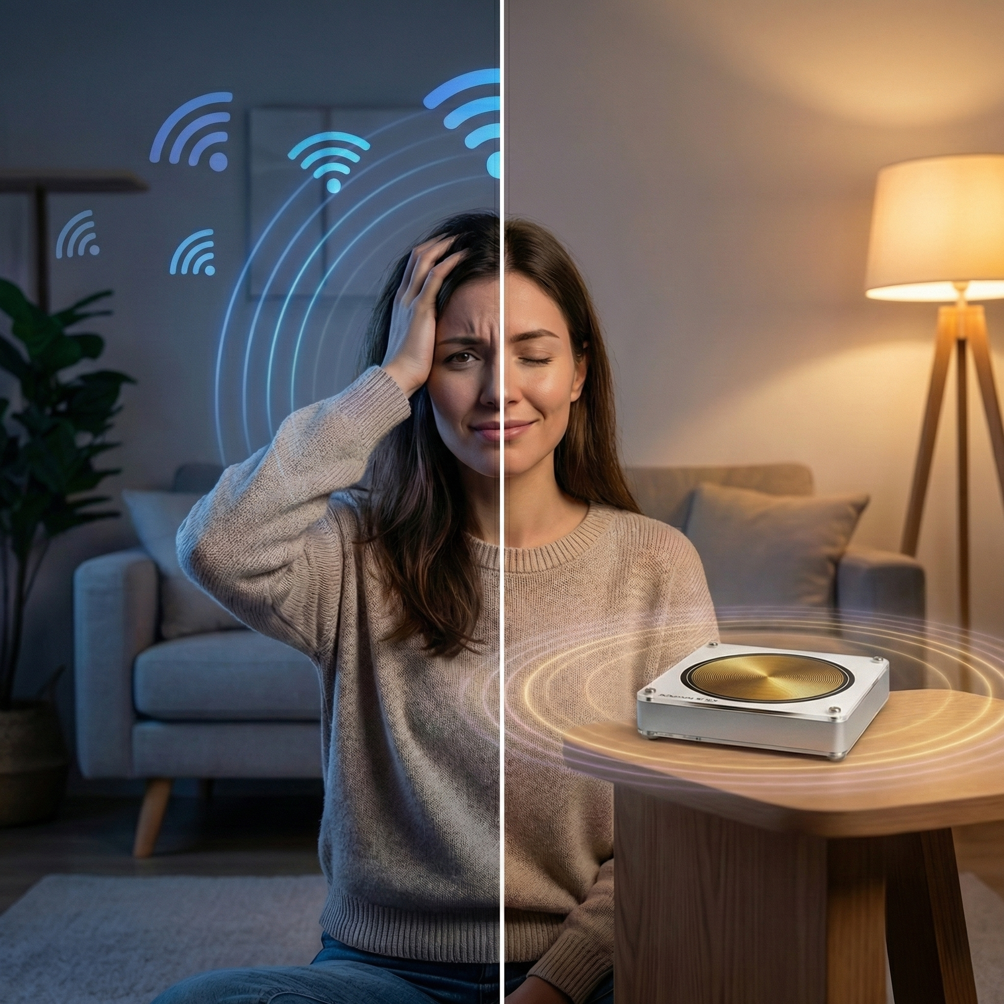 A split image shows a woman stressed by Wi-Fi, then relaxed and happy next to an electronic device.