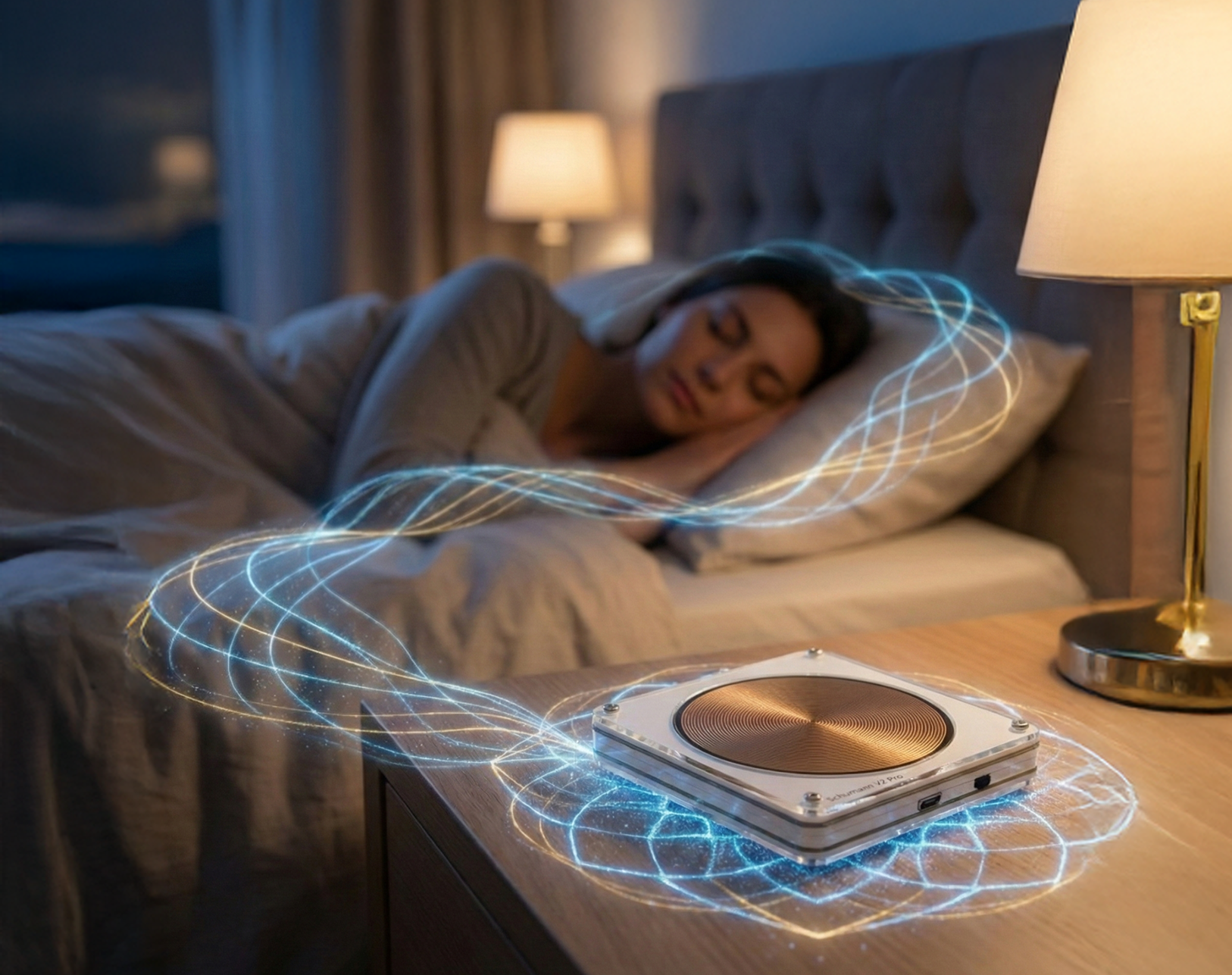 A woman sleeping with glowing lines above a bedside device.
