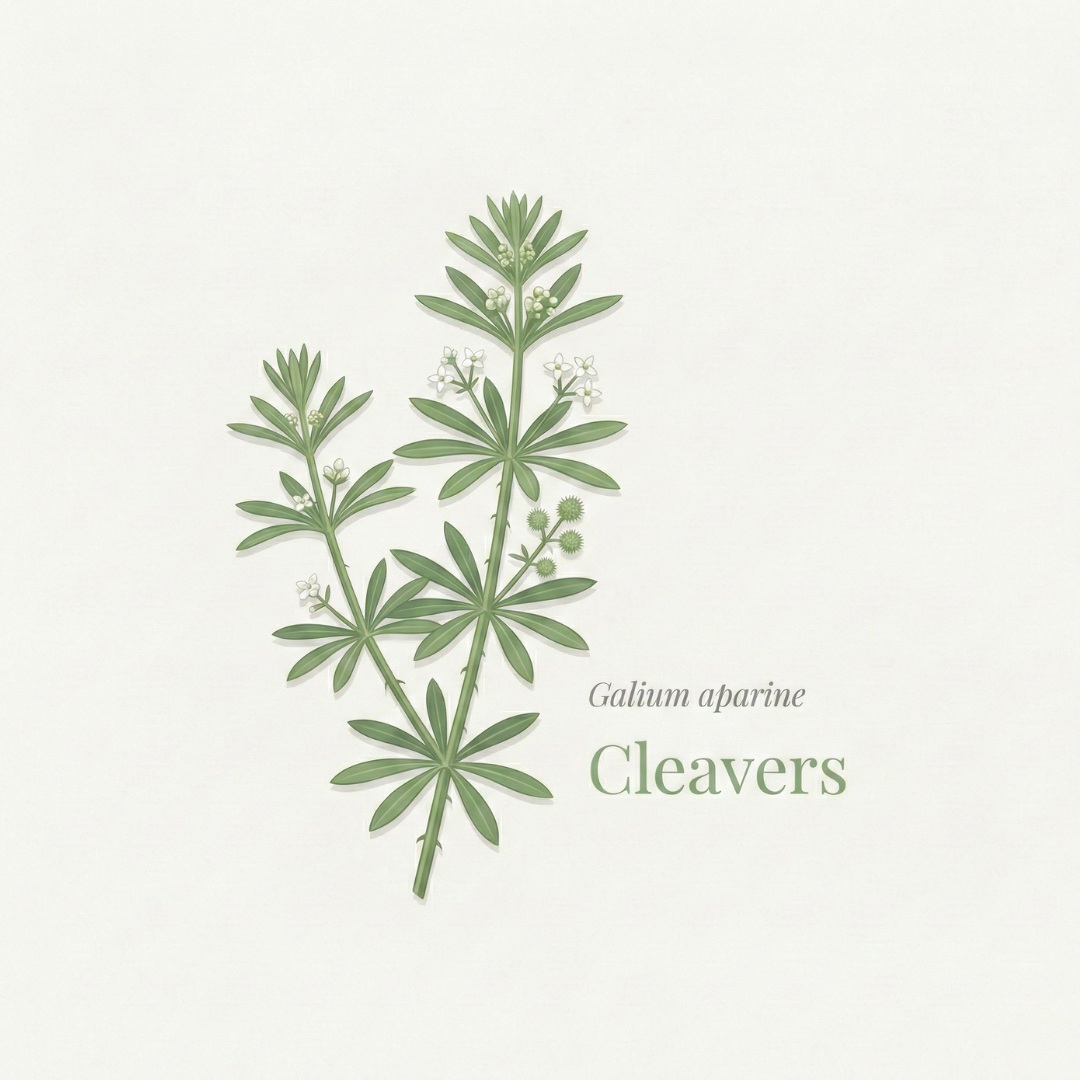 A botanical illustration of the Cleavers plant, Galium aparine, against a light-colored, textured background.