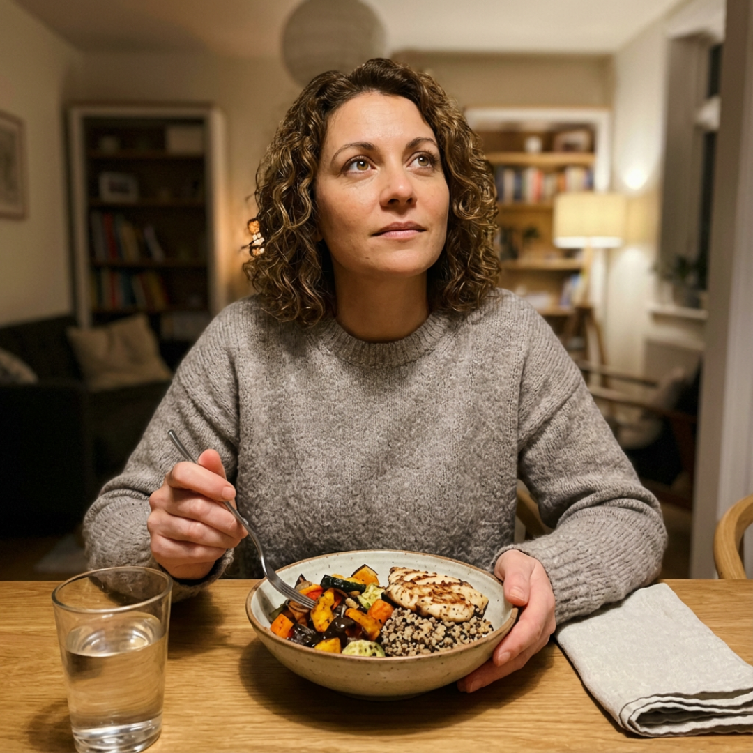 A woman with curly hair sits at a wooden table with a bowl of food, looking up thoughtfully.