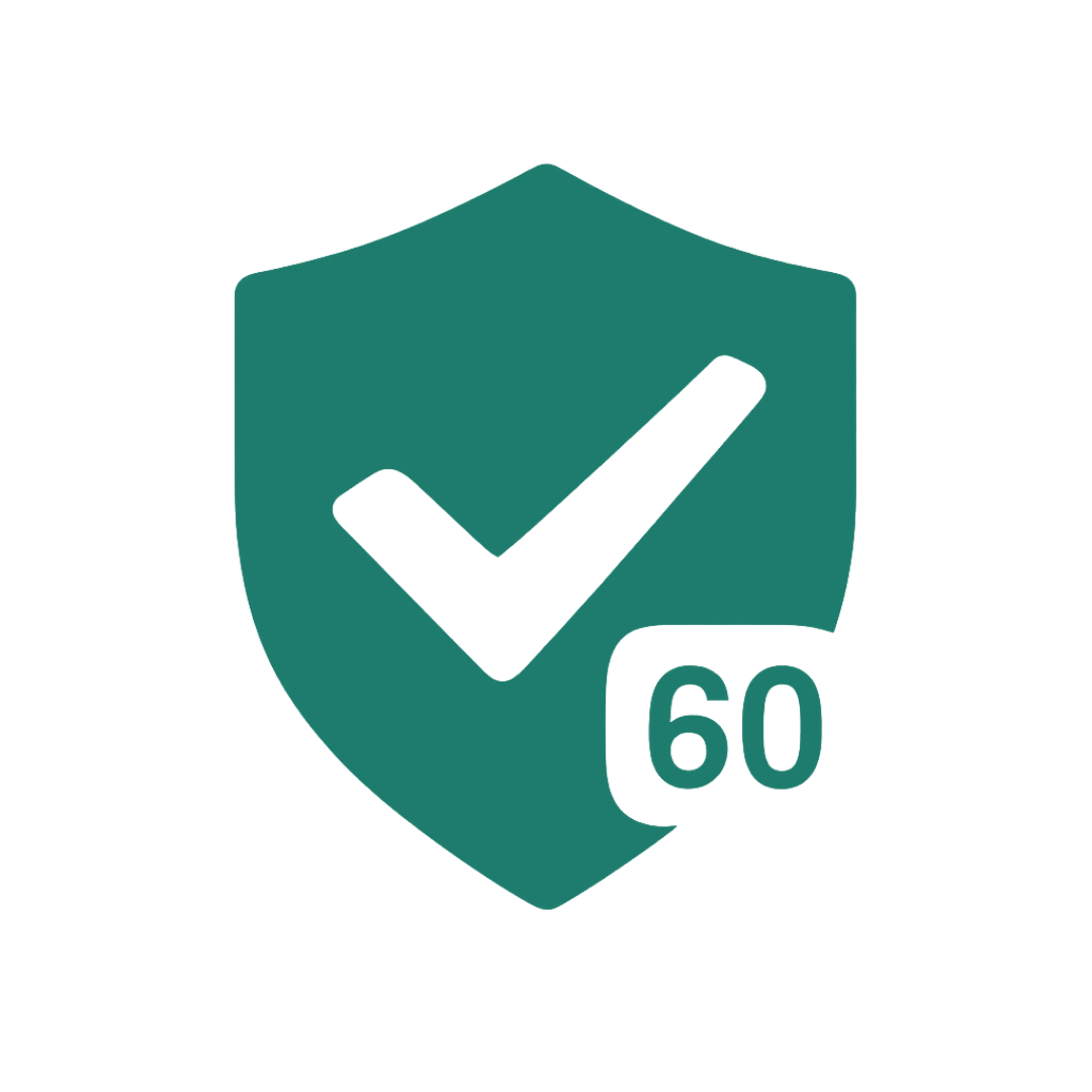 A teal shield icon with a black checkmark and the number 60 on a black background.