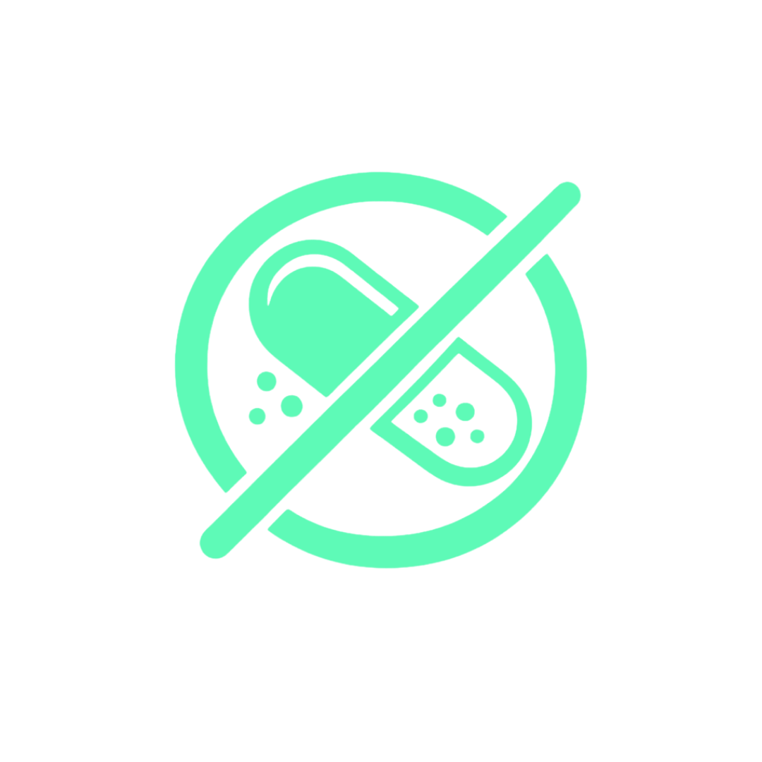 Green pills inside a prohibition sign on a black background.