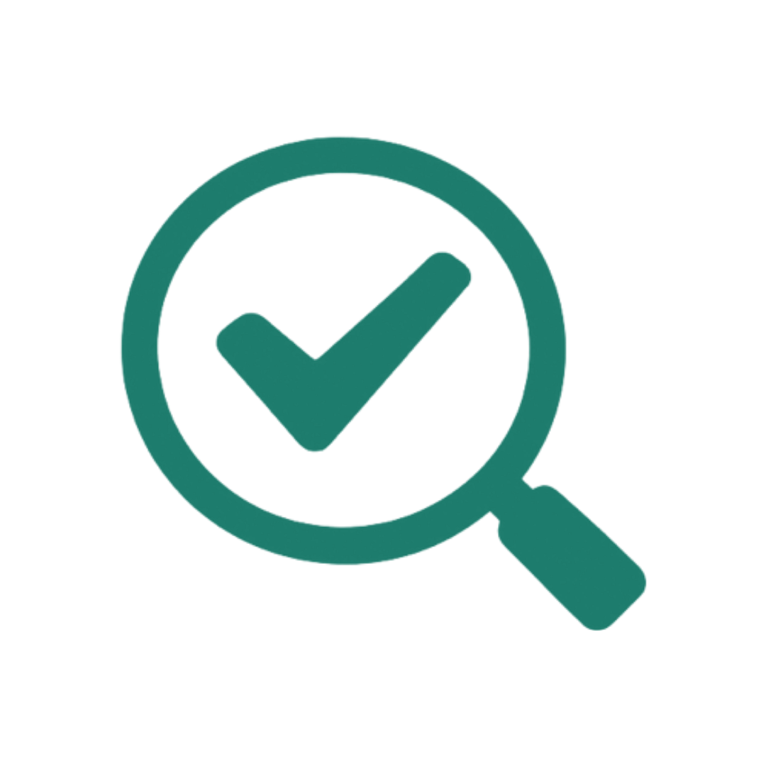 A teal icon of a magnifying glass with a checkmark inside it on a black background.