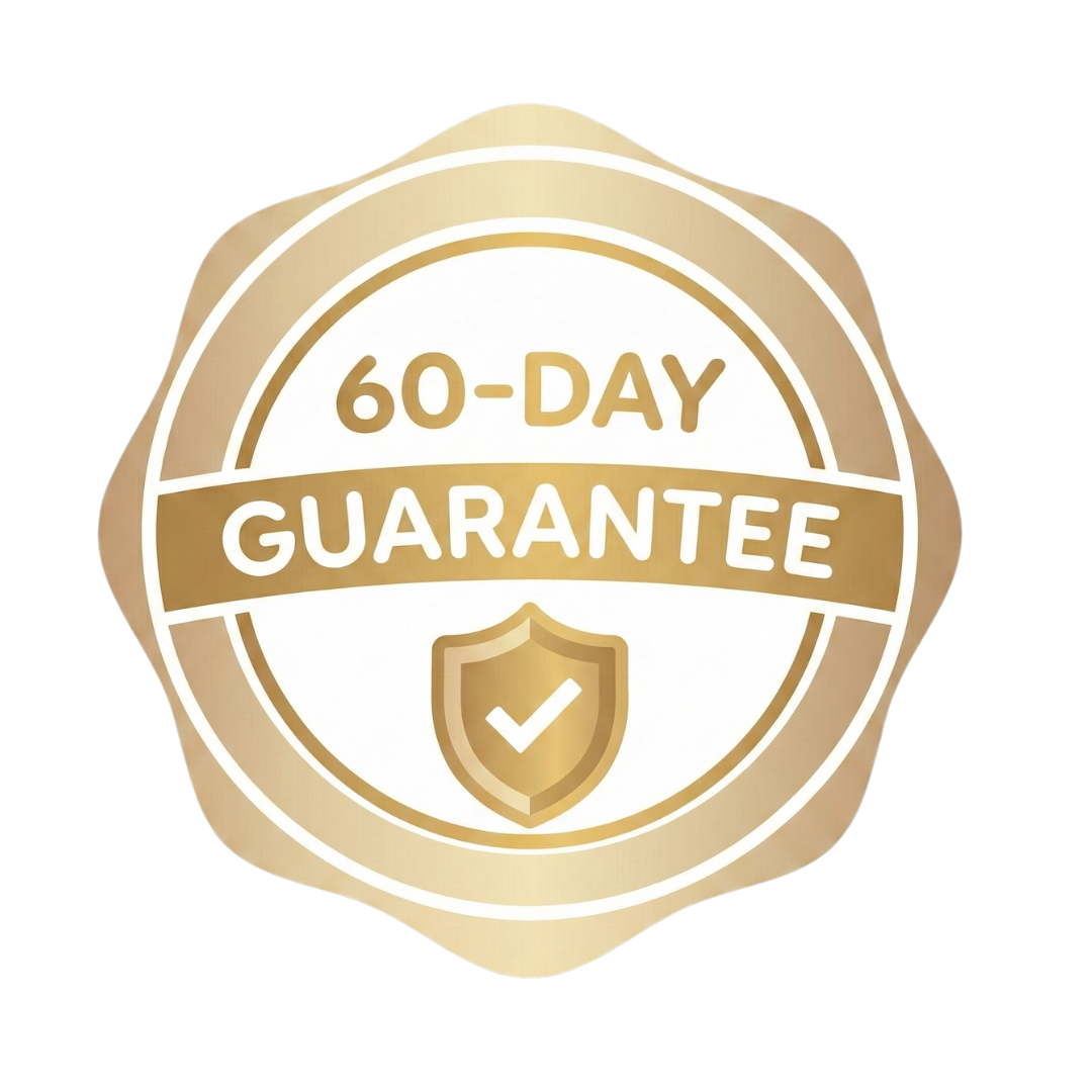 A gold seal with the words '60-Day Guarantee' and a shield icon with a checkmark.