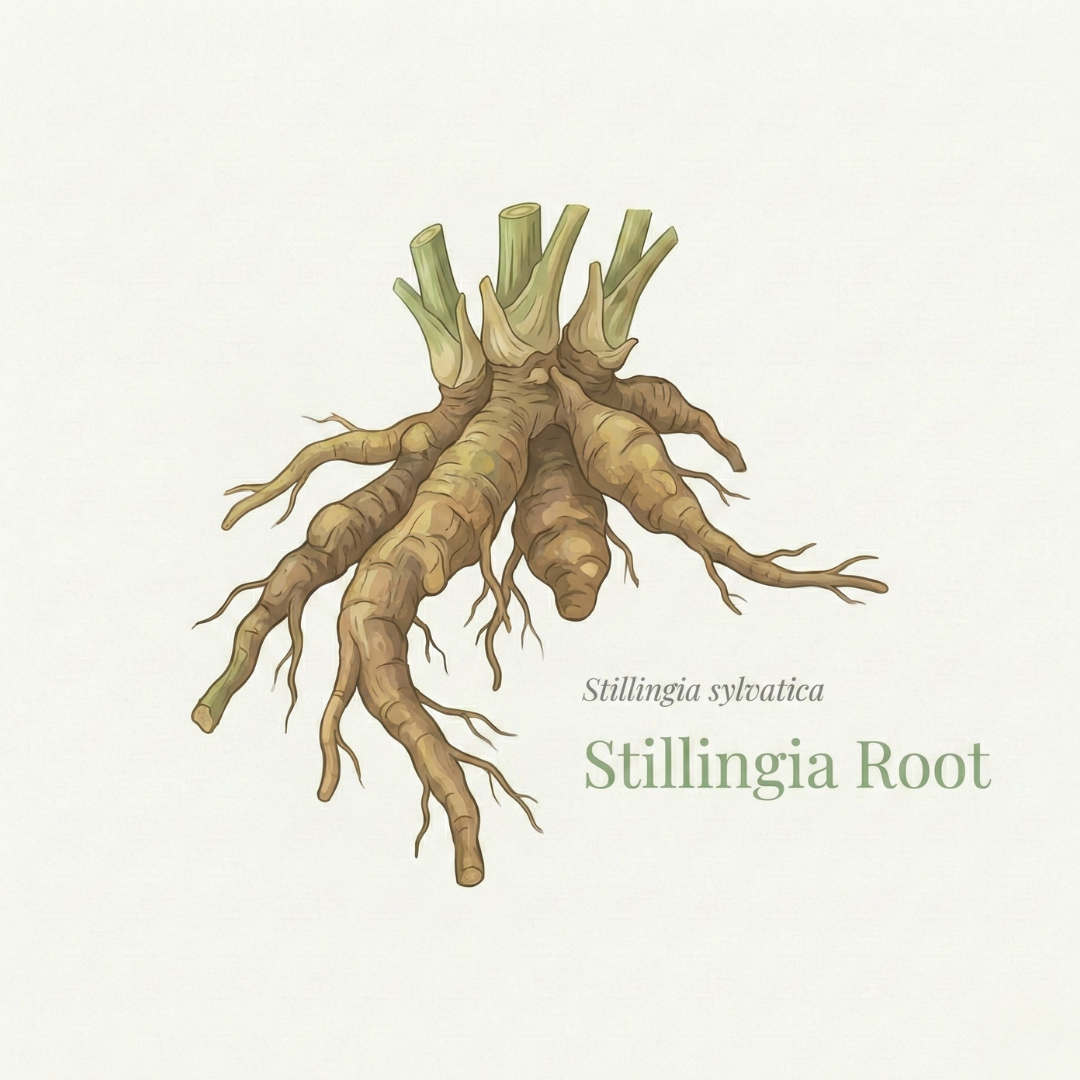 A botanical illustration of the Stillingia sylvatica root against a light, textured background.