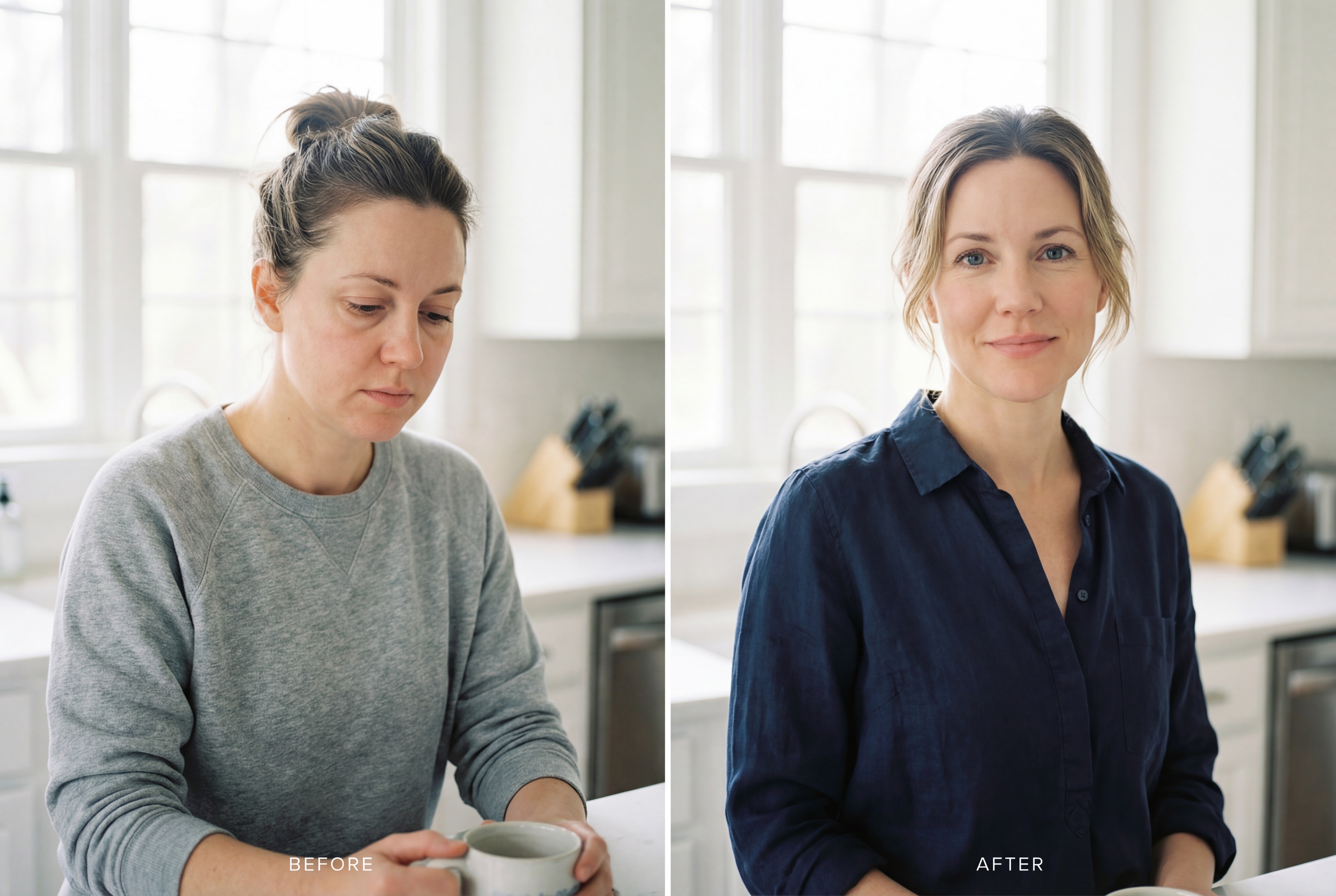 Side-by-side before and after comparison of a woman in a kitchen.