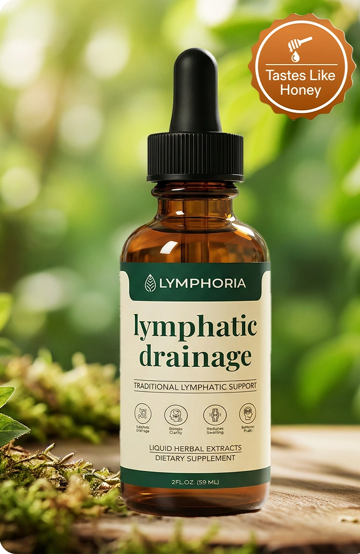 Brown bottle labeled 'lymphatic drainage' with a dropper cap, outdoors with greenery background.