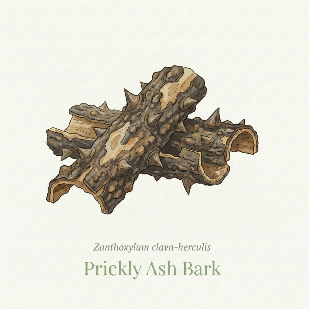 An illustration of two pieces of prickly ash bark, which are brown and covered in thorns.