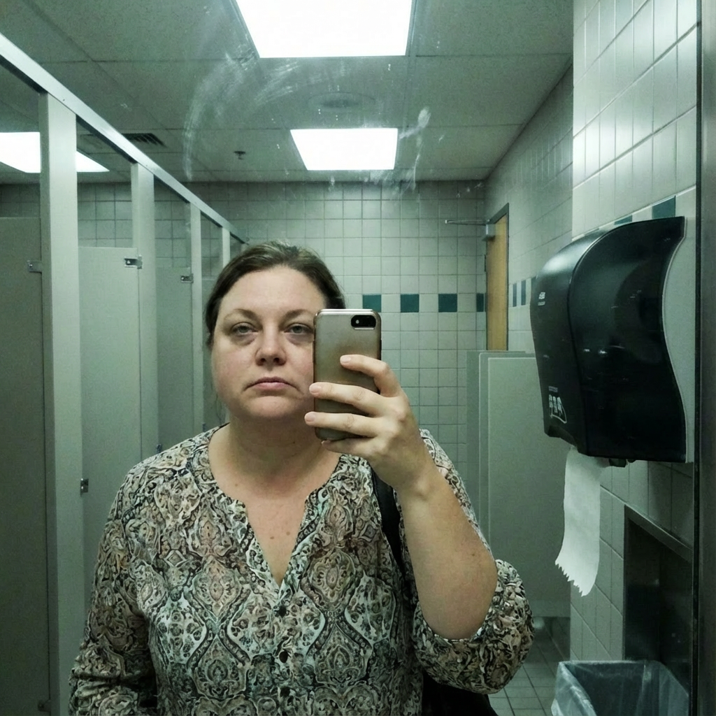 Person taking a selfie in a bathroom mirror.
