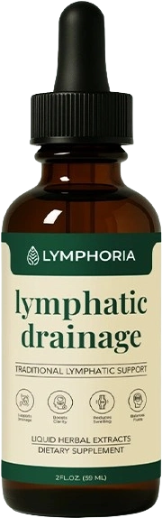 A brown dropper bottle of Lymphoria lymphatic drainage liquid herbal extracts dietary supplement against a green background.