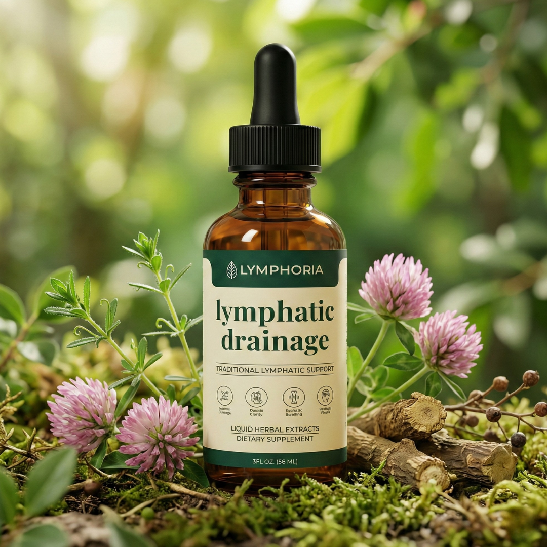 A bottle of Lymphoria lymphatic drainage supplement sits on moss surrounded by clover flowers and herbs.