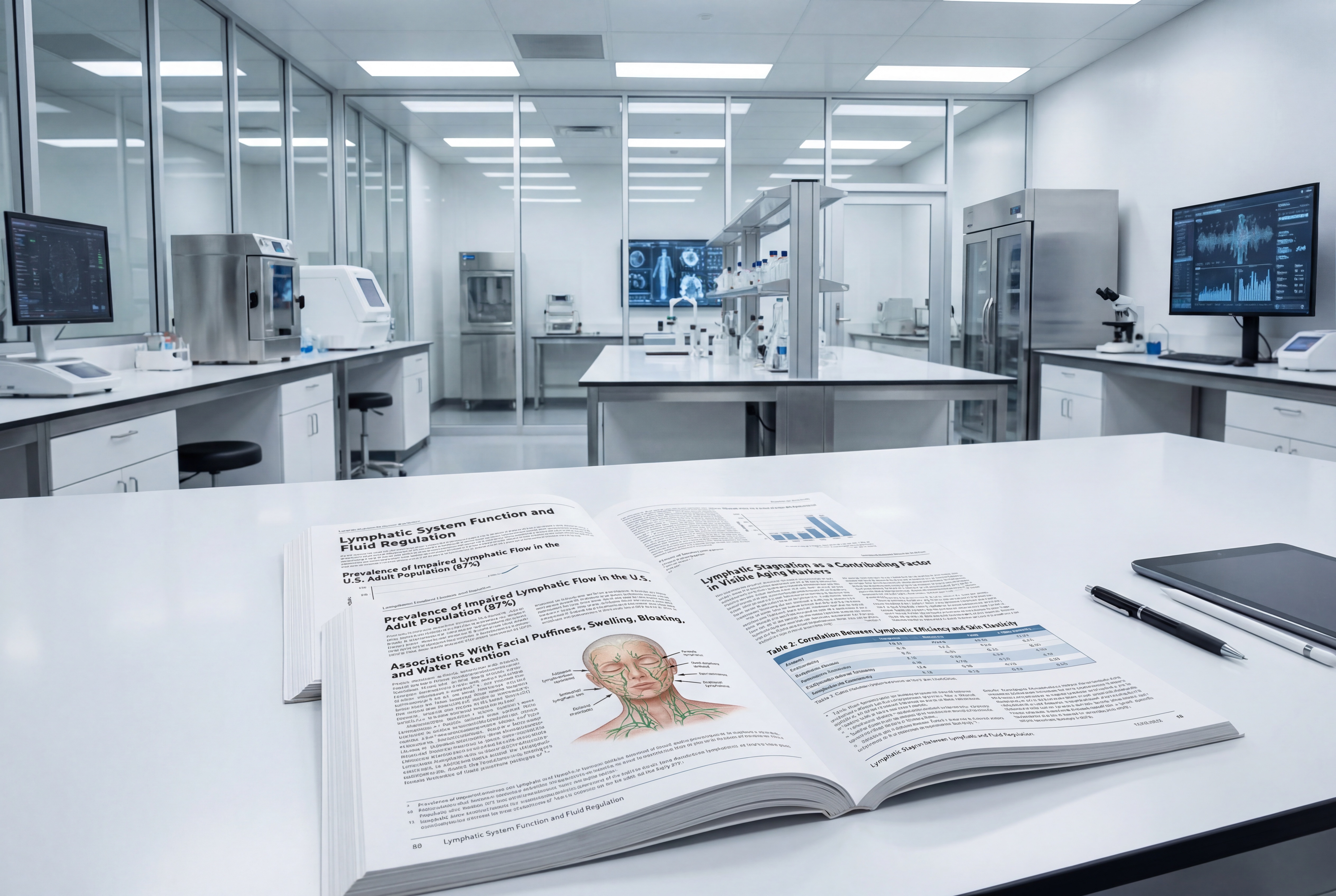 Modern laboratory with open book on a table, scientific equipment, and computer screens.