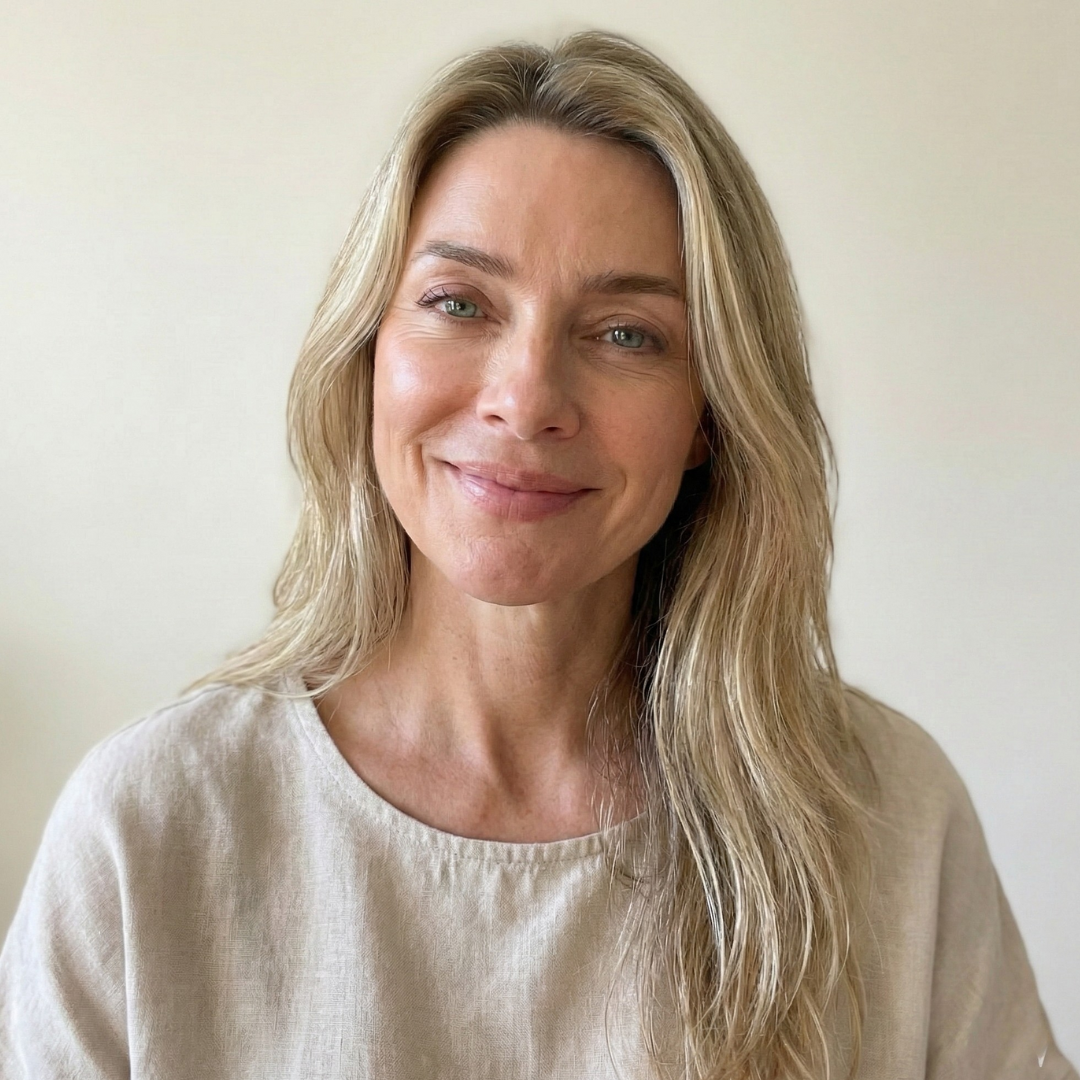 A smiling woman with long blonde hair and green eyes, wearing a beige top against a plain wall.