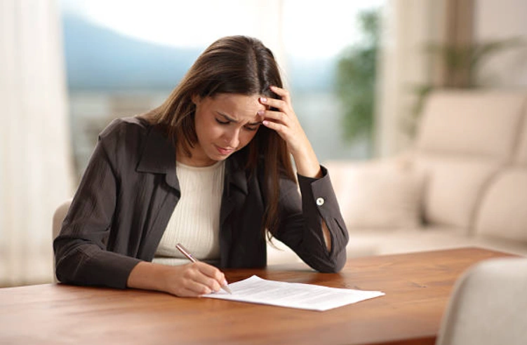 Person sitting at a table, writing on a document, appearing focused.