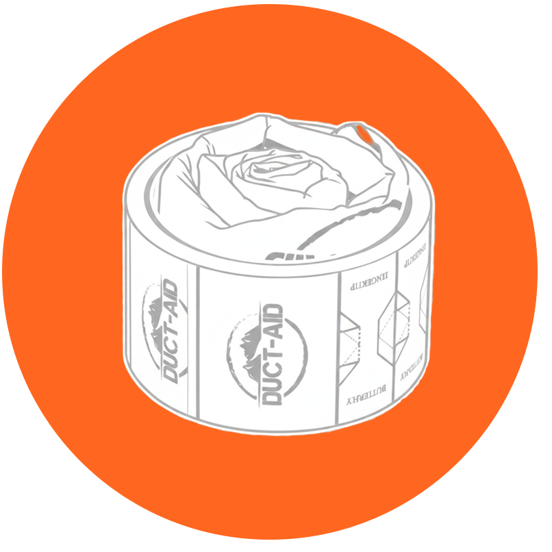 A grayscale illustration of a roll of Duct-Aid tape inside an orange circle.