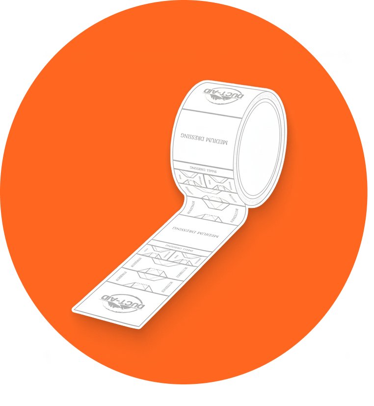 An illustration of a roll of Duct-Aid tape with printed guides for cutting different sized dressings.