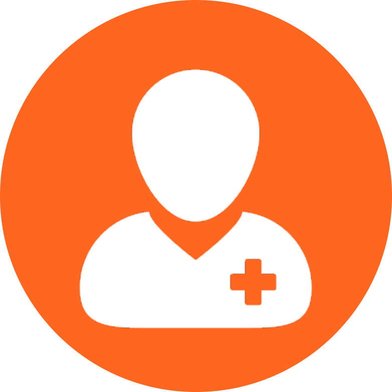 A white icon of a medical professional in a V-neck shirt inside an orange circle.