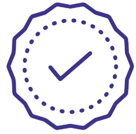 Blue checkmark inside a dotted circle with a gear-like border.