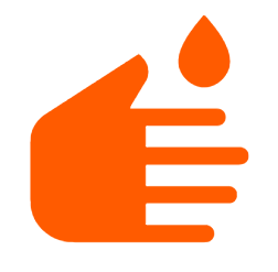 An orange icon of a stylized hand with a single droplet above it.