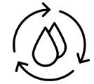 A black line icon of two water drops surrounded by three circular arrows on a green background.