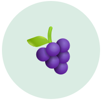 An illustration of a bunch of purple grapes with a green leaf inside a light green circle.